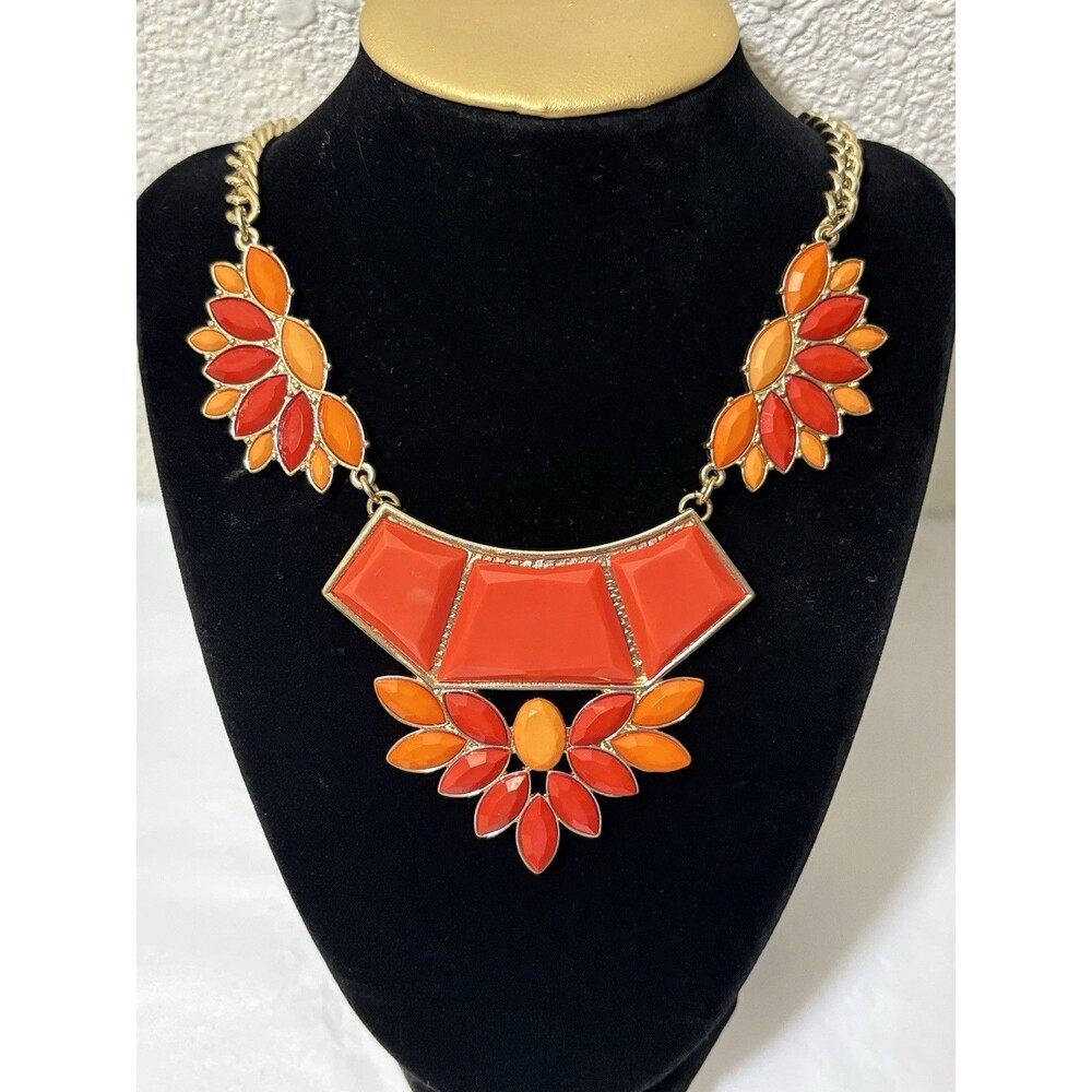 Vintage Signed Mika Statement Bib Necklace 18” W/ 3” Extension Coral Goldtone